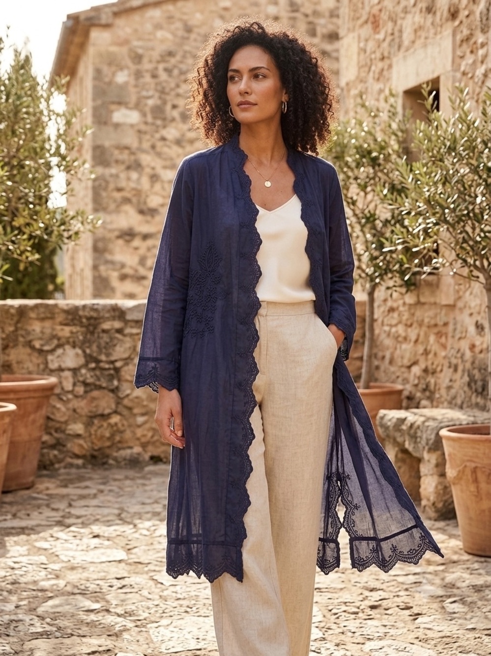Soft Surroundings XL Navy Blue Embroidered Cotton Duster Cardigan